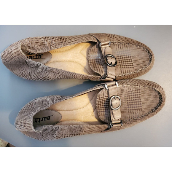 Medium Shoes - Earth Scout Taupe Leather Houndstooth Print Scrunch Buckle Flats 10B